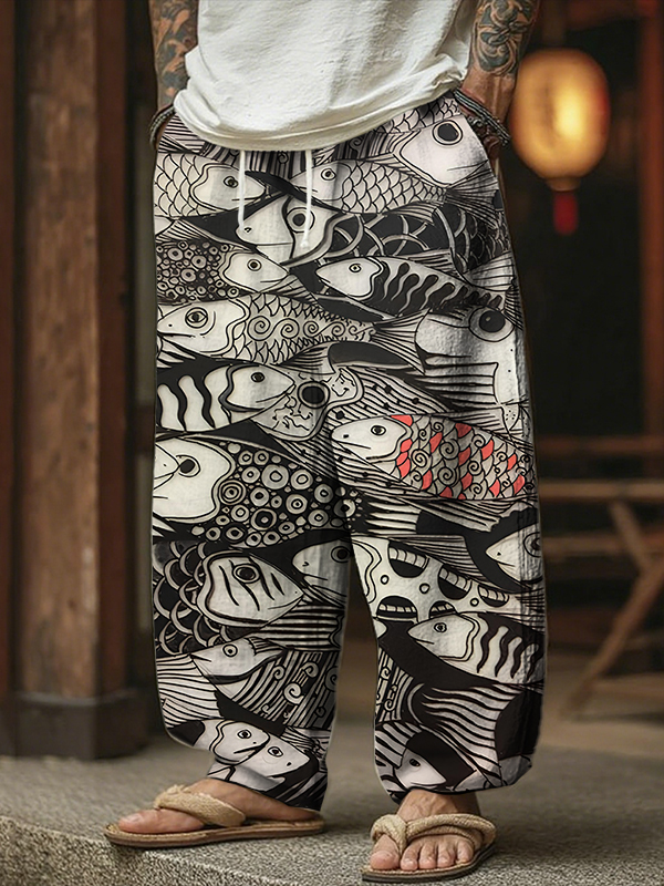 Men's Ocean Fish Pattern Vintage Japanese Art Print Casual Pants