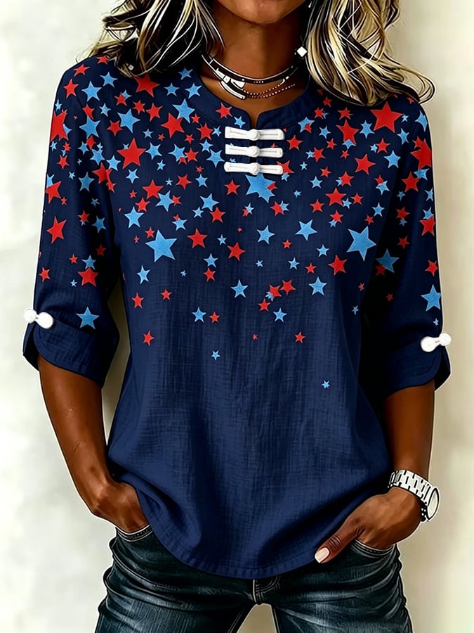 Women's Retro America's 250th Anniversary American Flag Print Button-Up Top
