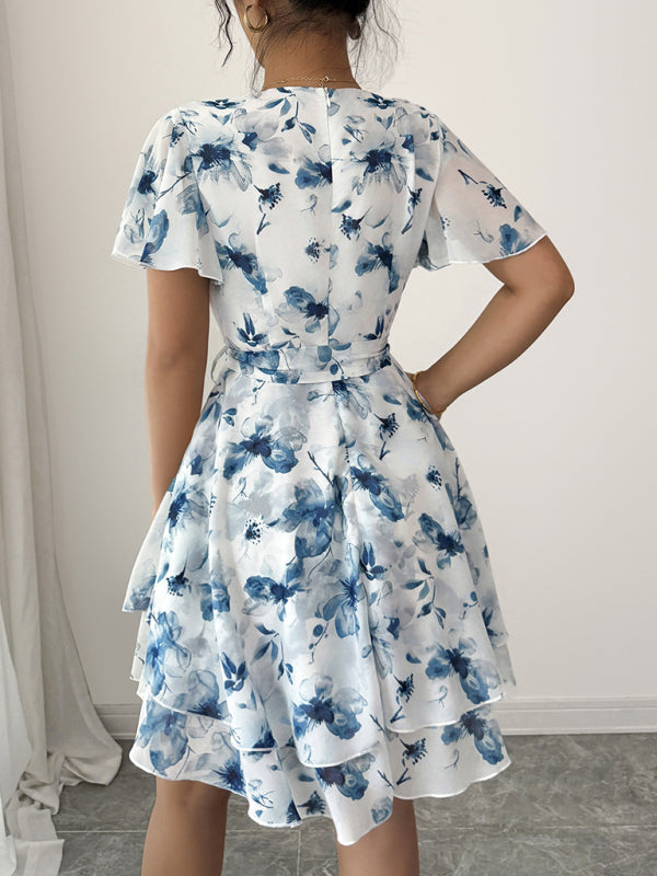 Printed deep V mini dress