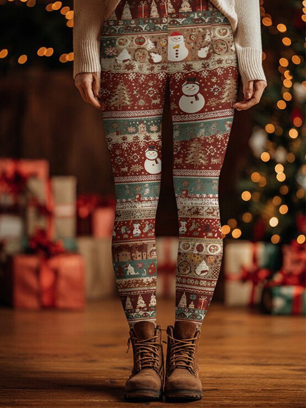 Women's Snowman Christmas Tree Pattern Striped Print Leggings
