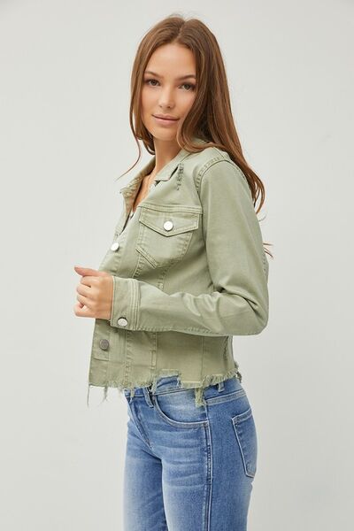 Full Size Raw Hem Button Up Cropped Denim Jacket Plus Size