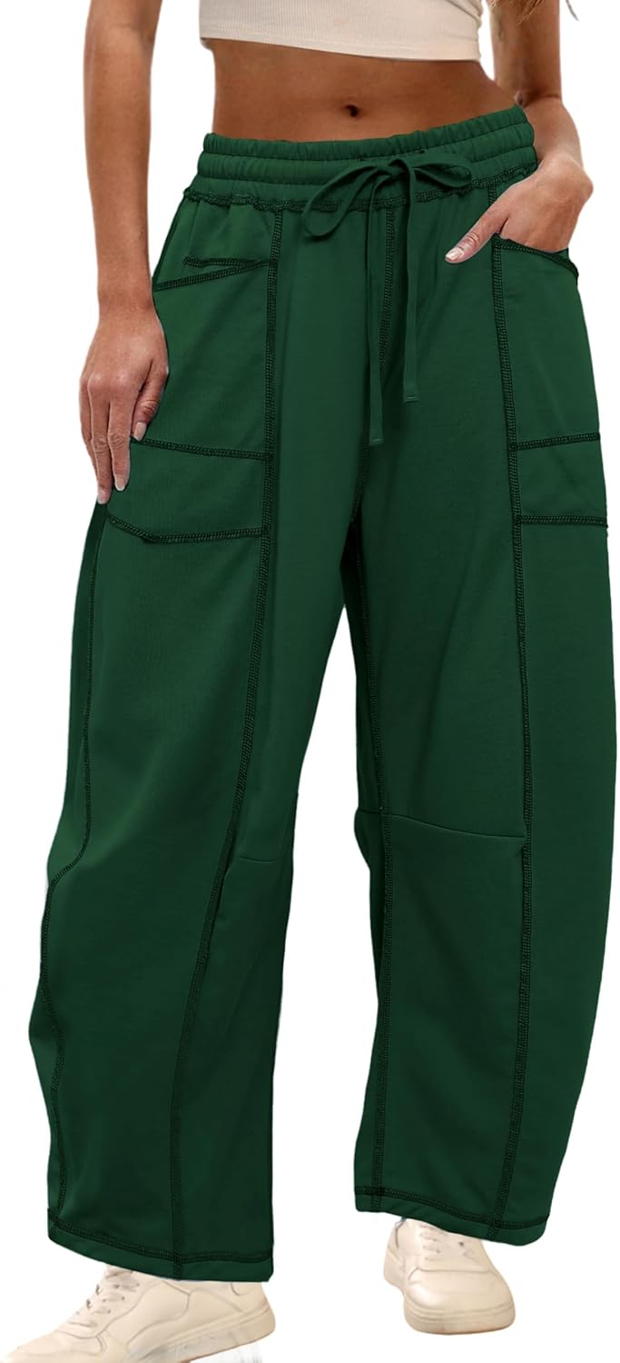 Womens Baggy Barrel Pants Wide Leg Lounge Drawstring Sweatpants with Pockets