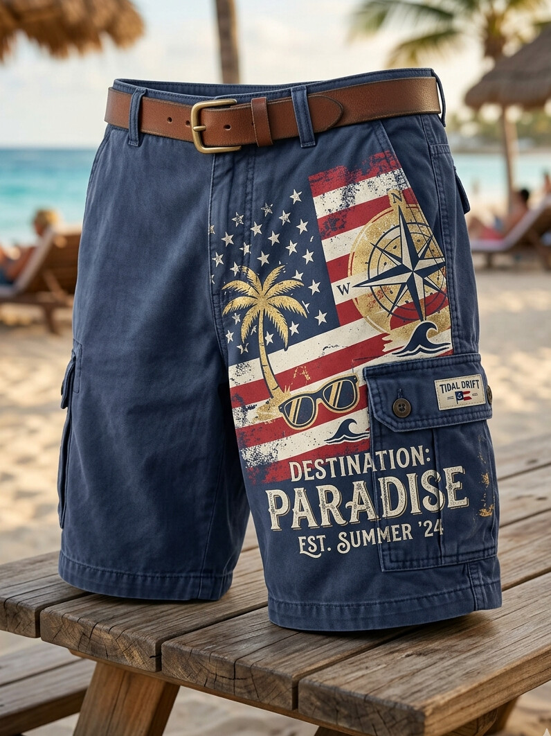 Men's Hawaii Vacation Style Palm Tree Stars and Stripes Print Cargo Shorts