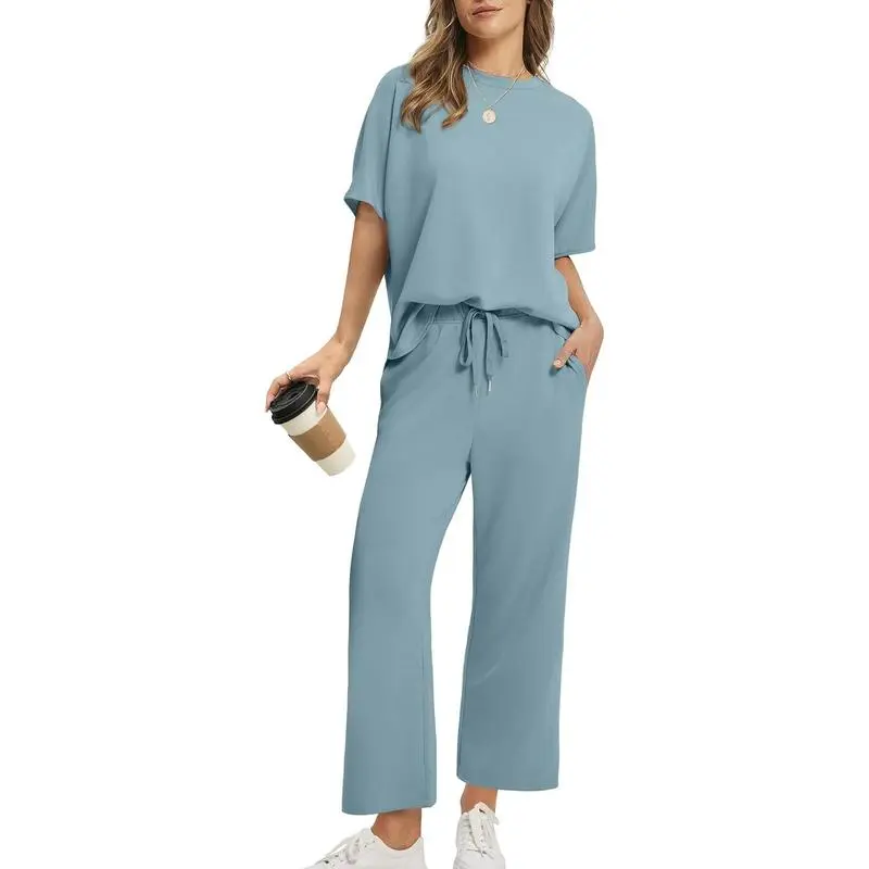 Two Piece Sets for Women Summer Outfits Oversized Wide Leg Crop Pants Lounge Sets