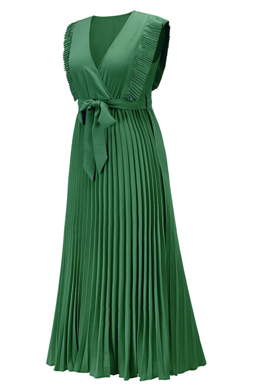 Slim Fit Lotus Leaf Sleeve Chiffon Pleated Skirt Solid Color Dress