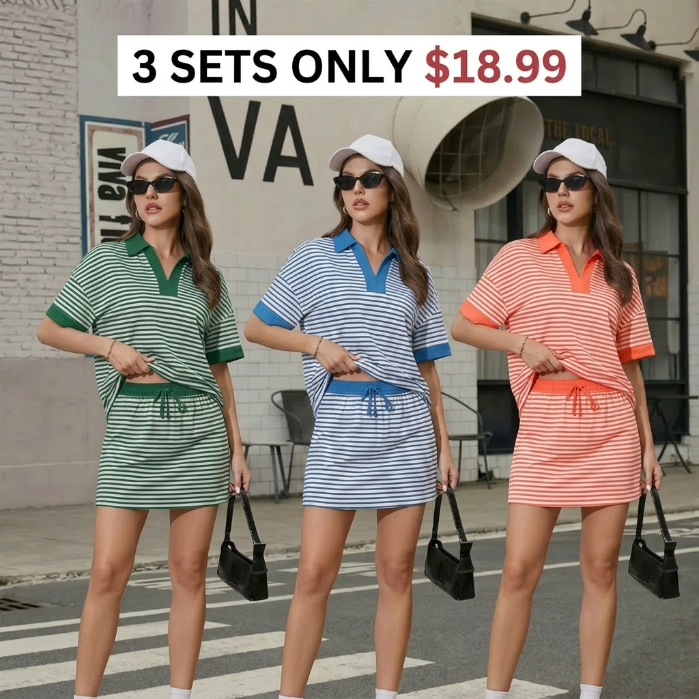 Women’s Striped Polo Skort 2-Piece Active Lounge Set
