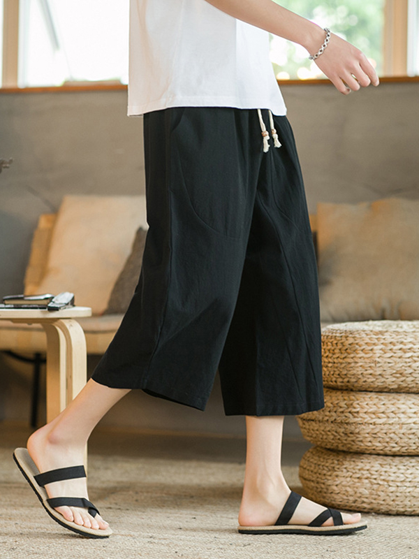 Men's Casual Linen Loose Fit Elastic Waist Wide Leg Harem Capri Pants