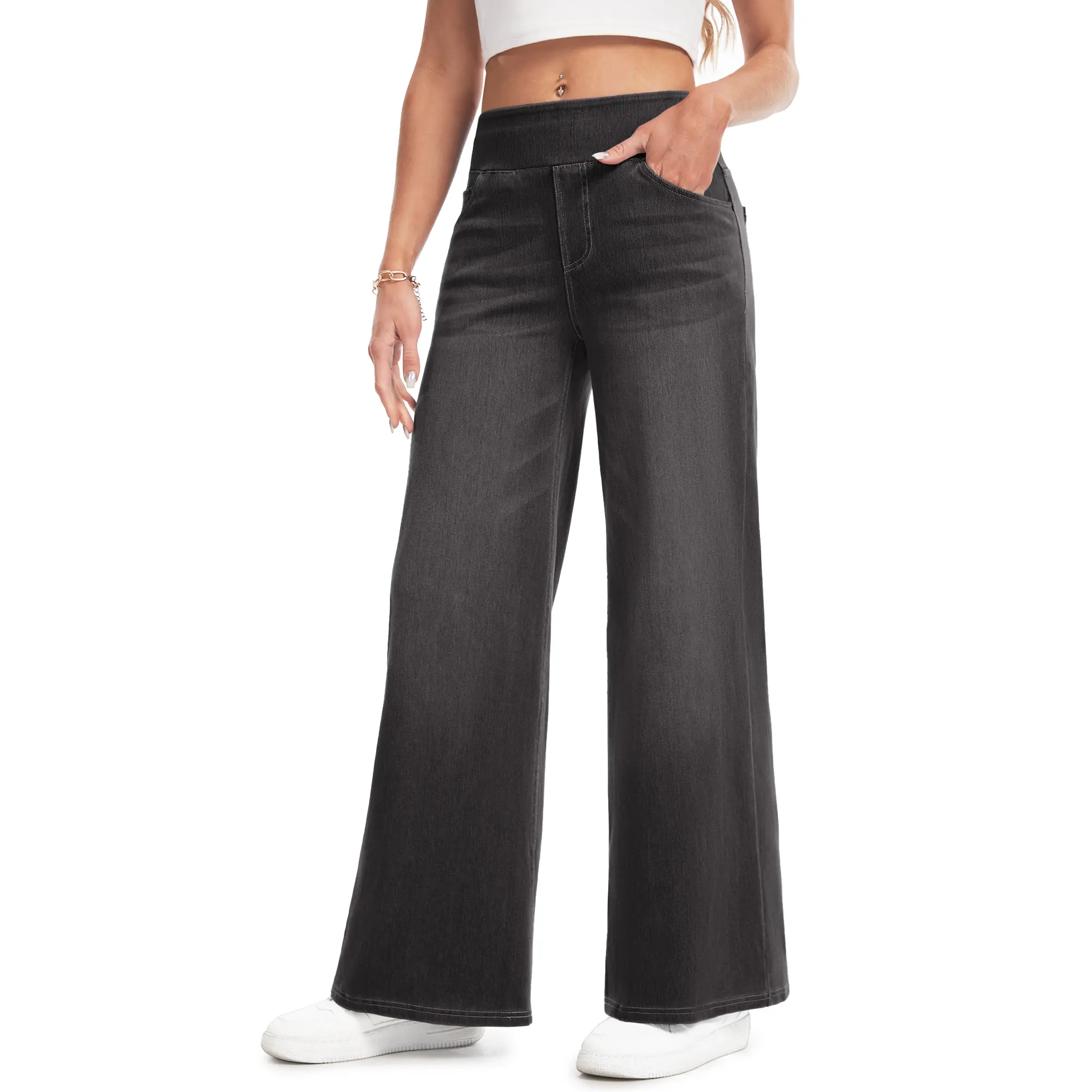 6-pack Women's Wide Leg Stretchy Jeans – Elastic High Waist Pull On Baggy Tummy Control Trousers for Casual Work Wear