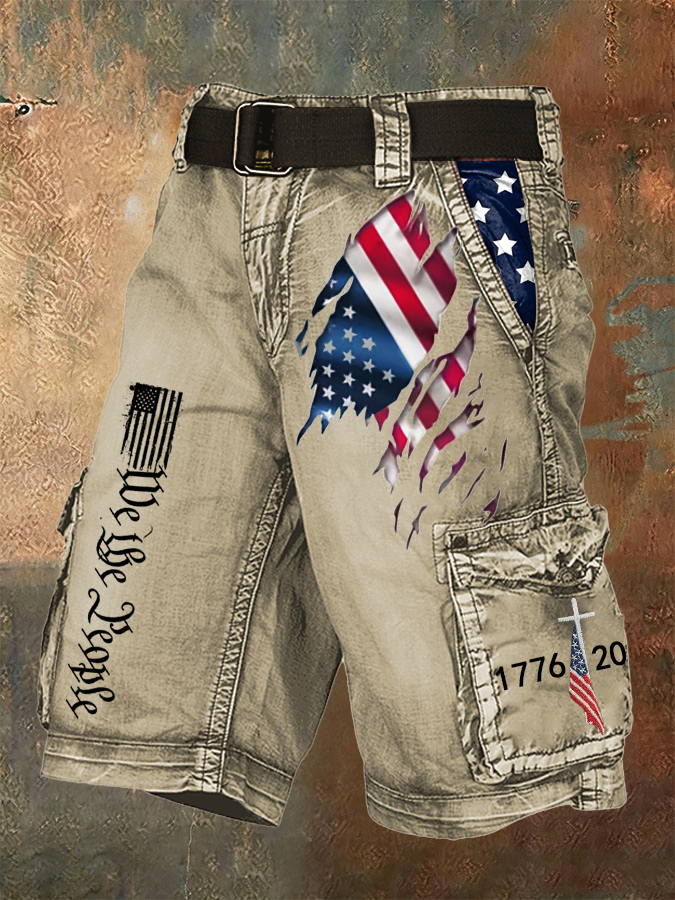 Men'S Retro Flag American Independence Day Multi Pocket Printed Workwear Shorts (Excluding Belt)