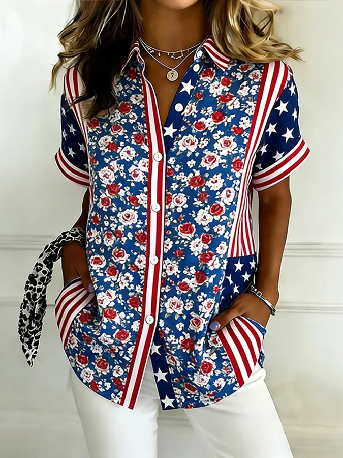 Ladies' Casual Floral 250Th Anniversary Celebration Lapel Shirt For The Founding Of The United States