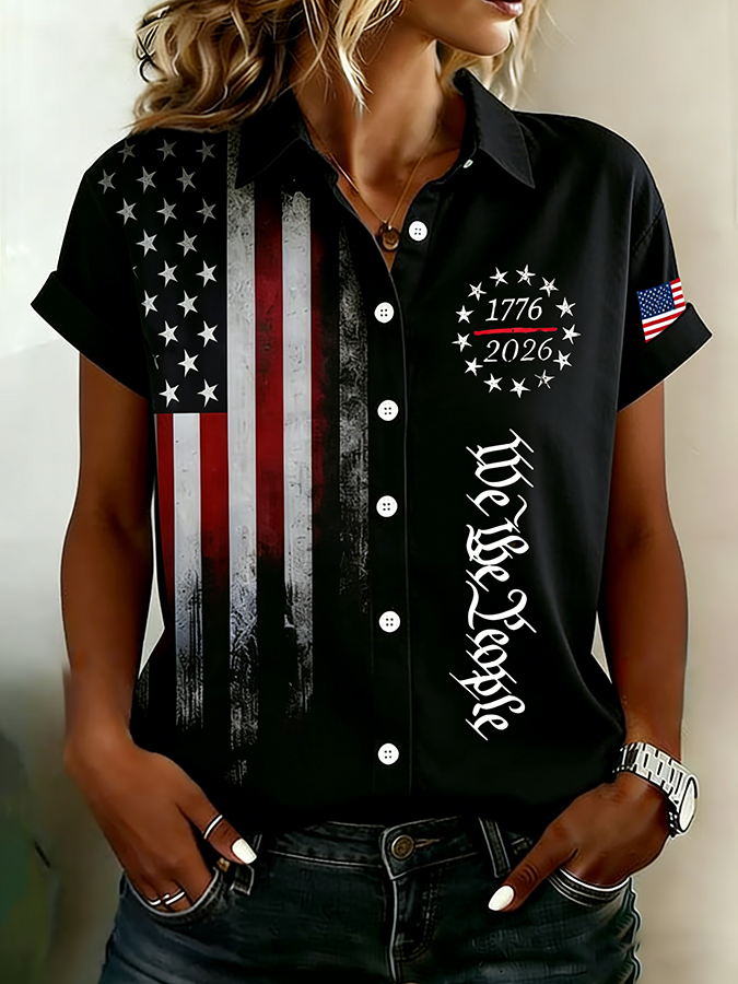 Ladies' Casual Commemorative American Flag Lapel Button Short Sleeved Shirt