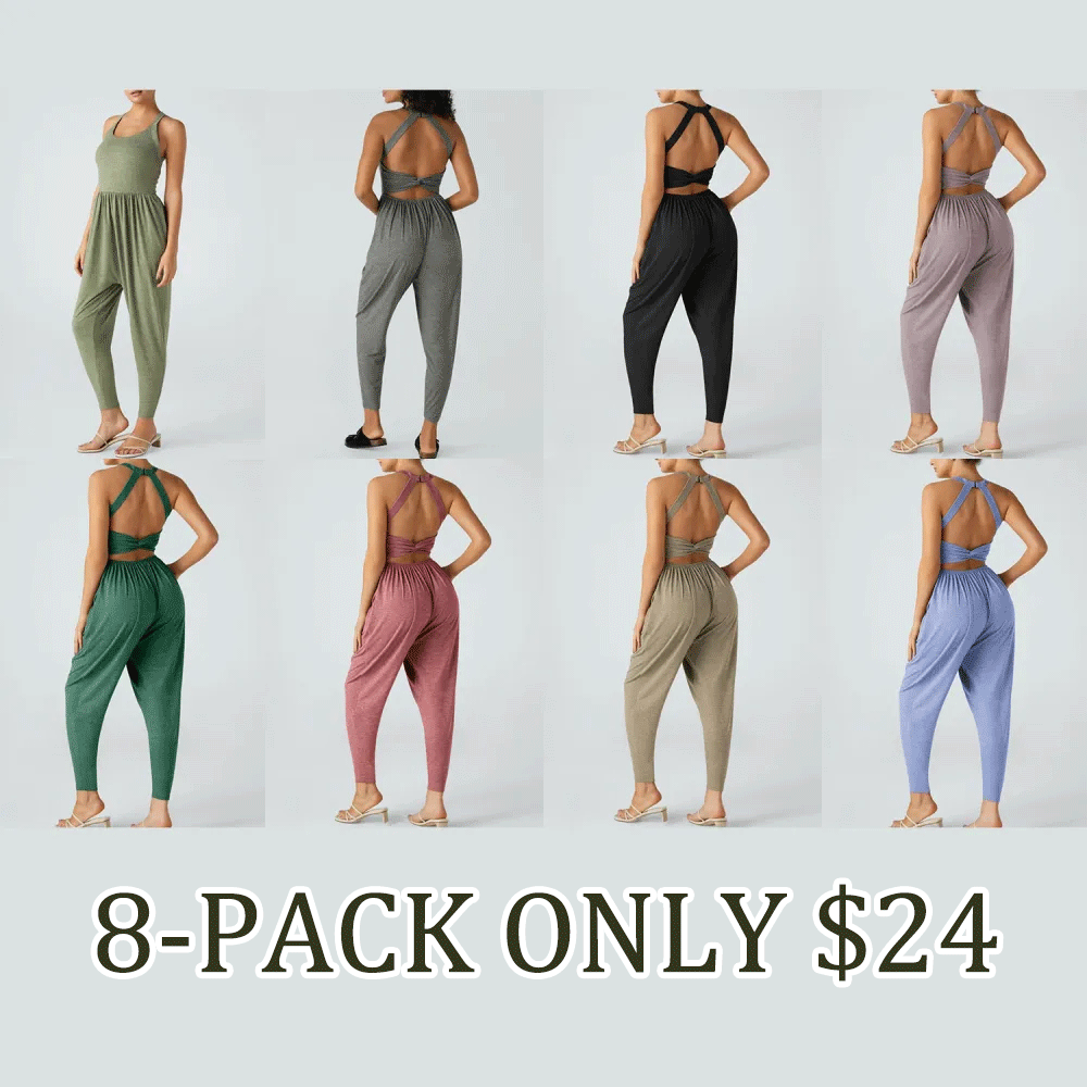 🔥💝Women's Backless Twisted U-Neck Harem Jumpsuit with Pockets