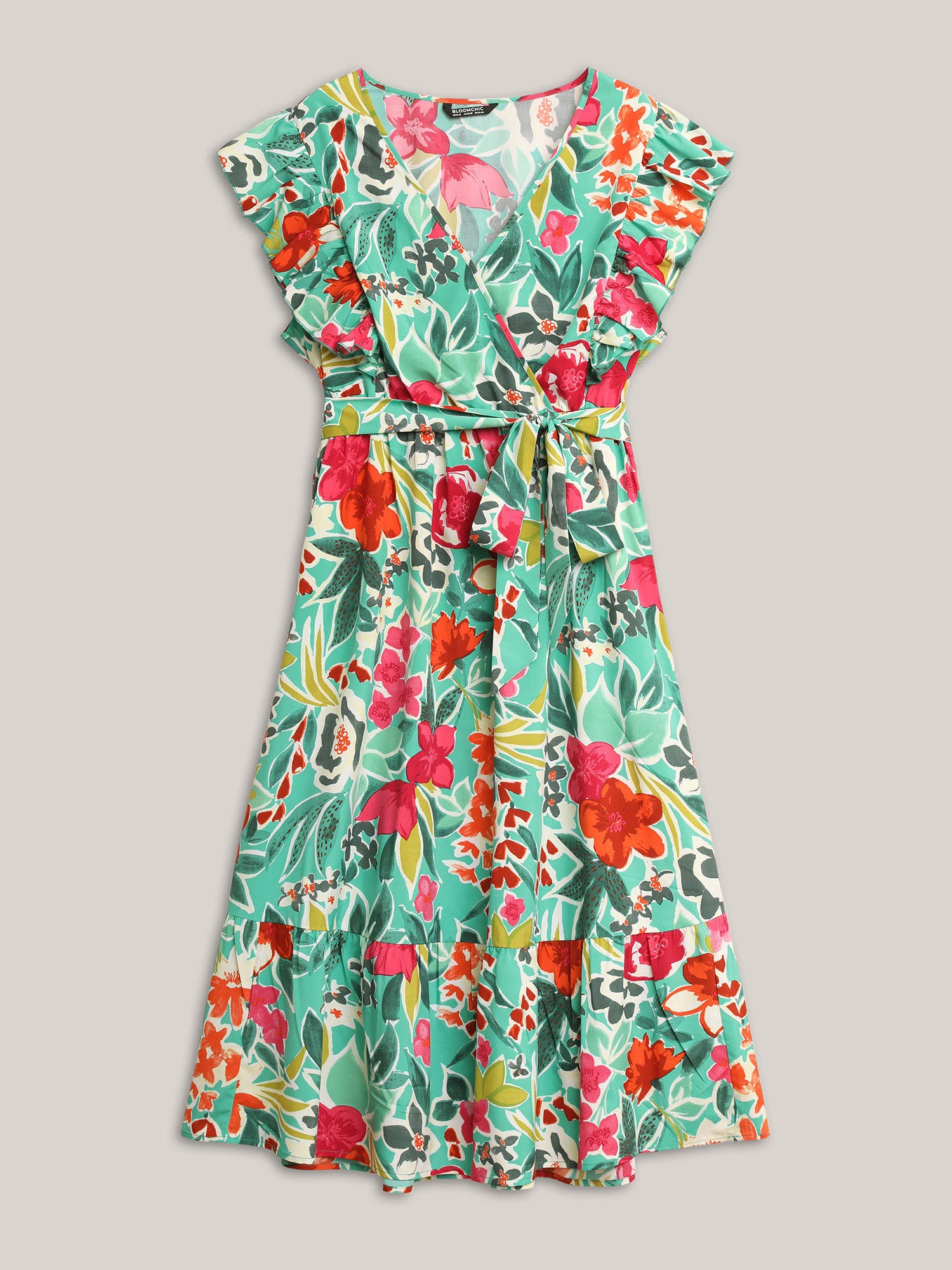 Floral Wrap Patchwork Ruffle Cap Sleeve Dress