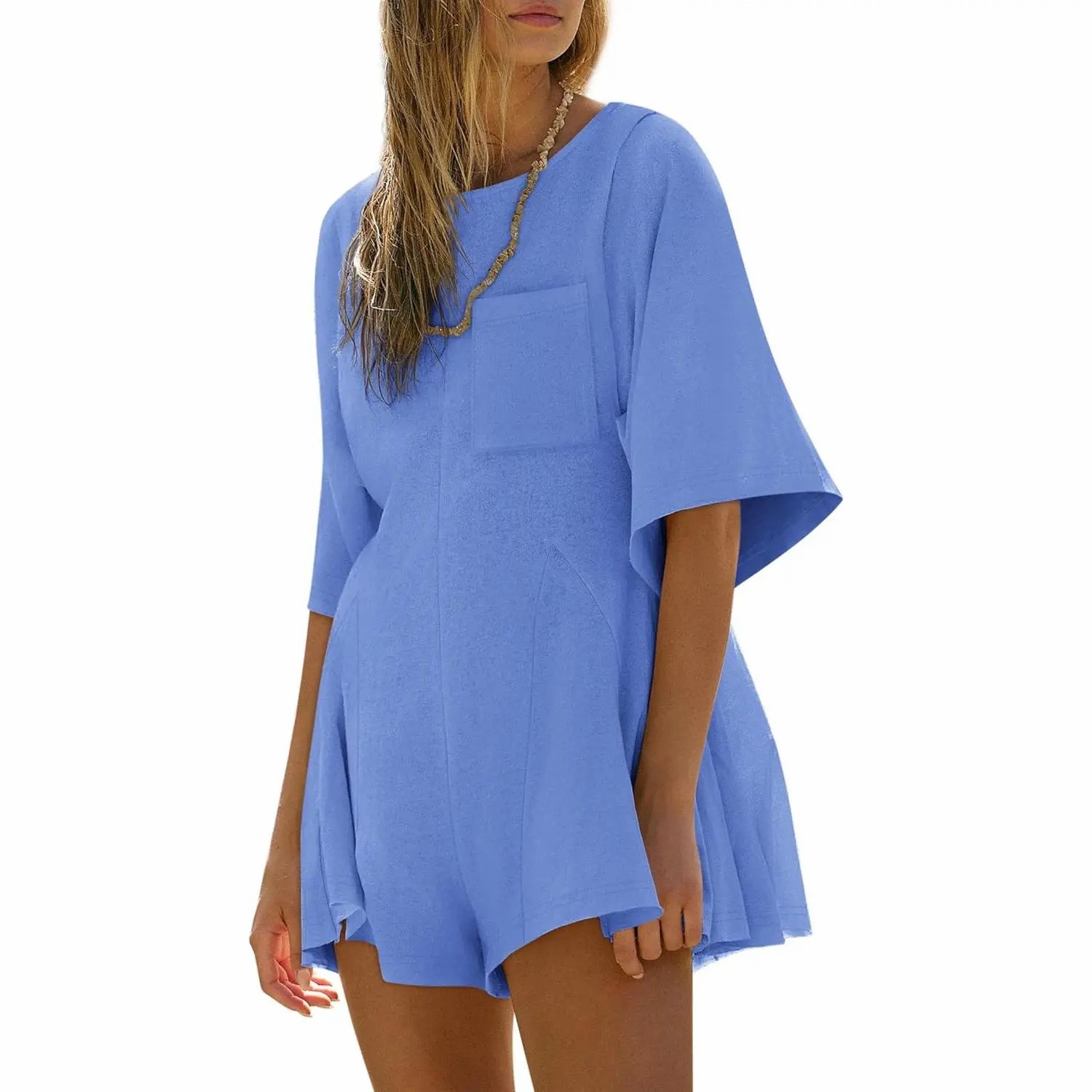 Women's Short Sleeve Loose Jumpsuit – Casual Crew Neck Romper with Pockets