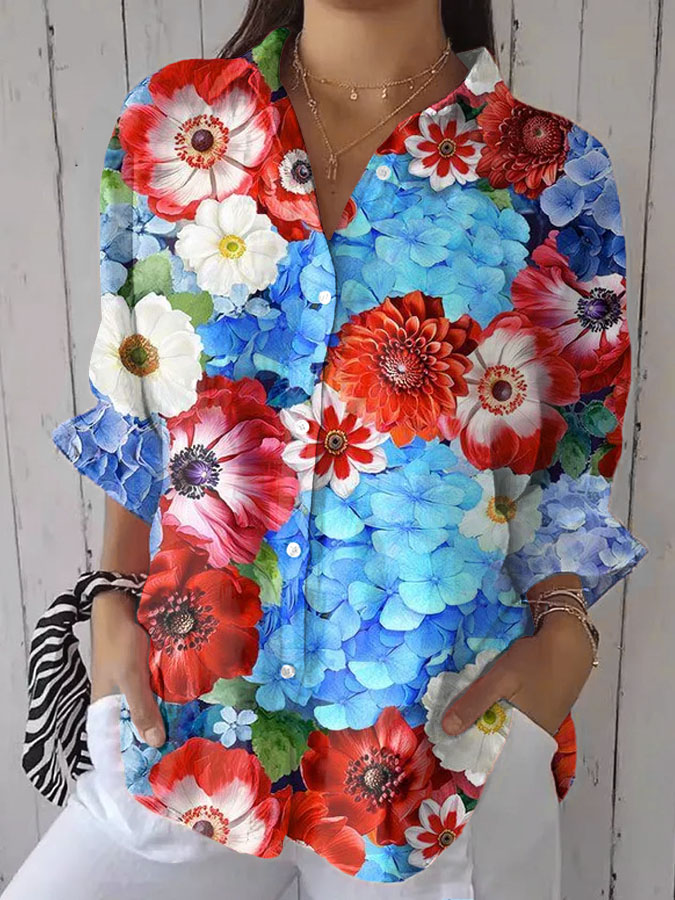 Women'S Red White and Blue Floral  Printed Cotton And Hemp Shirt