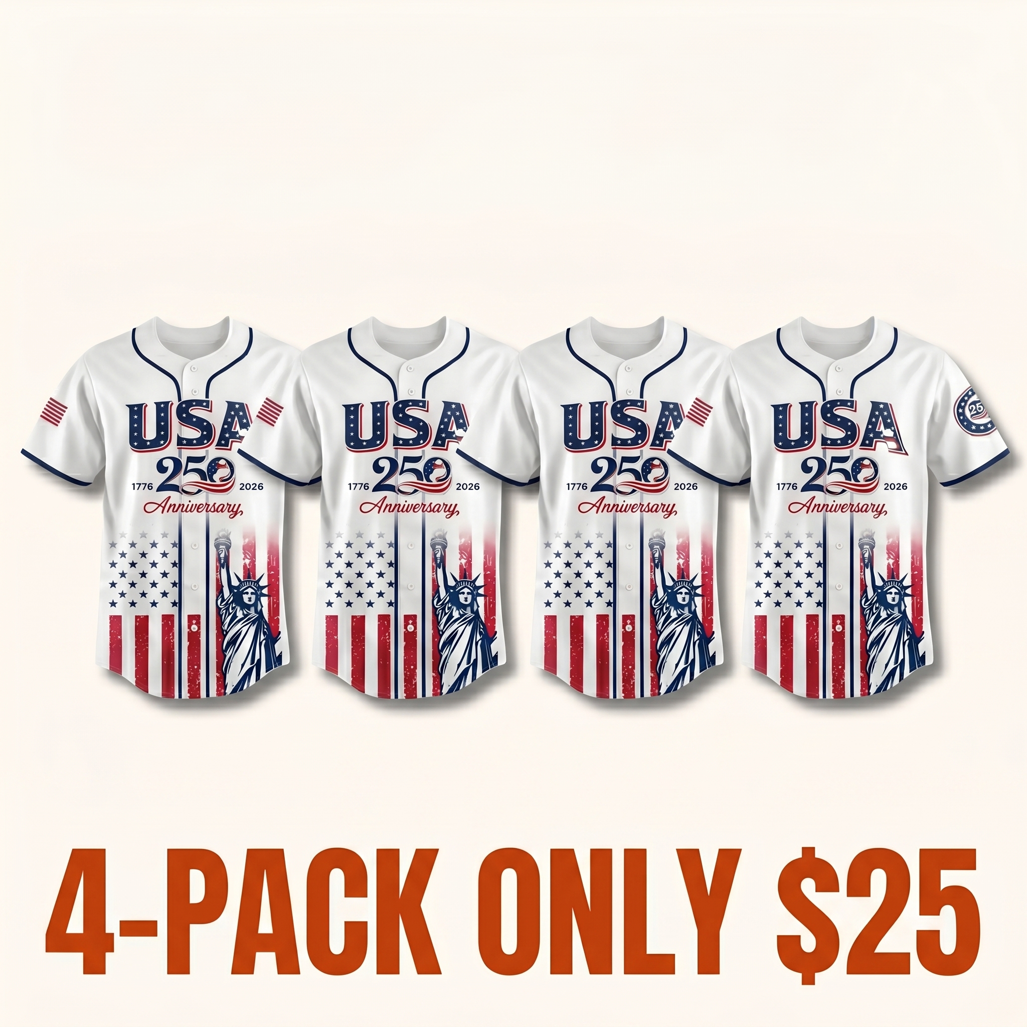 USA 250th Anniversary Baseball Jersey, Patriotic Statue of Liberty Print Shirt, Unisex Independence Day 4th of July Outfit, 1776–2026 Semiquincentennial Patriotic Jersey