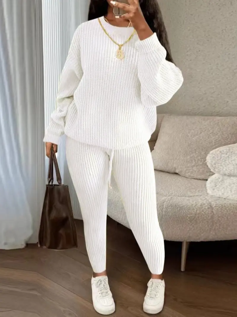 🔥Women's Solid Round Neck Drop Shoulder Sweater & Drawstring Waist Pants Knit Set, Casual Cozy Knitwear for Daily Outdoor Wear, Ladies Fall & Winter Outfits, Women's 2 Pcs Sweater Set