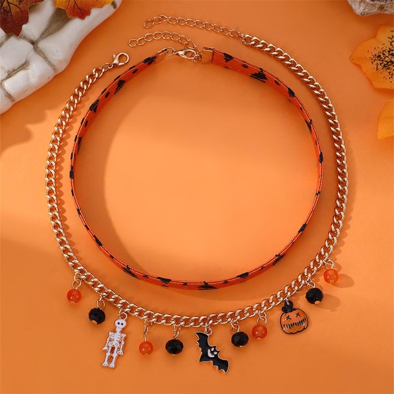 Fashionable And Personalized Creative Skull Pumpkin Bat Pendant Design Necklace