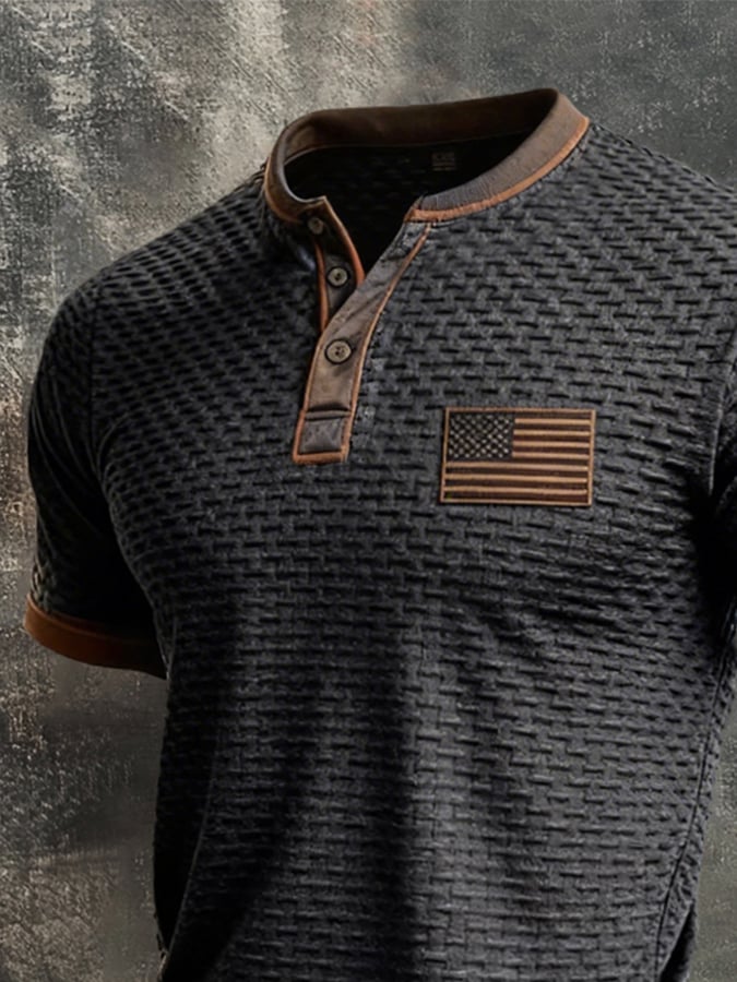 Men's Retro Patriotic Color-Block Short-Sleeve Henley T-Shirt