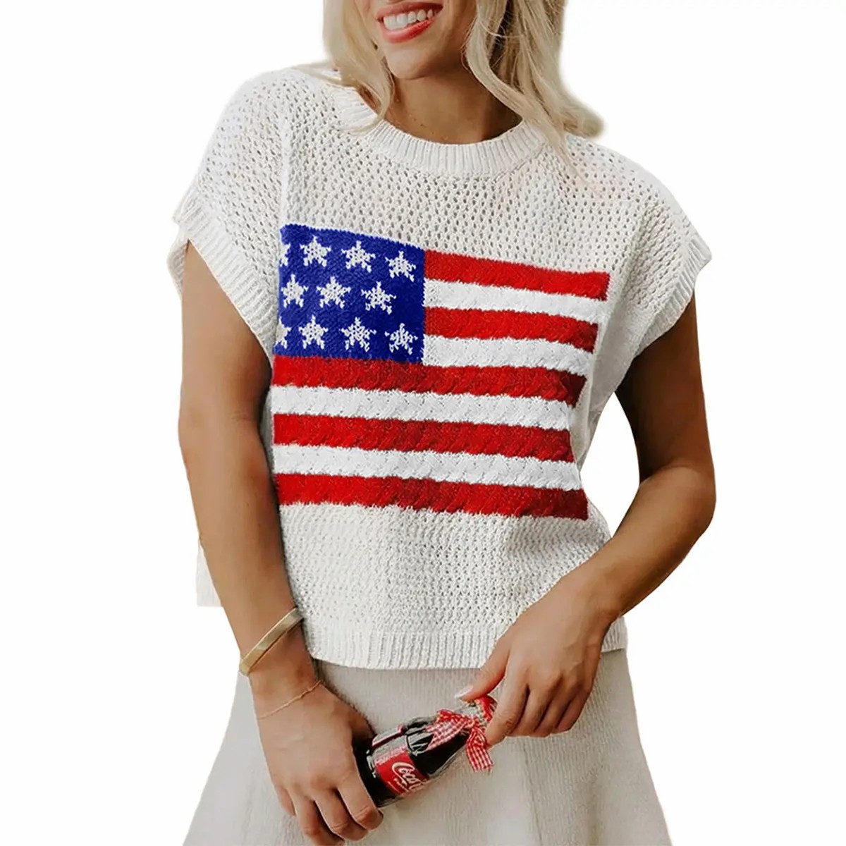 Women's American Flag Graphic Sweater – Relaxed Fit Short Sleeve Knit Top