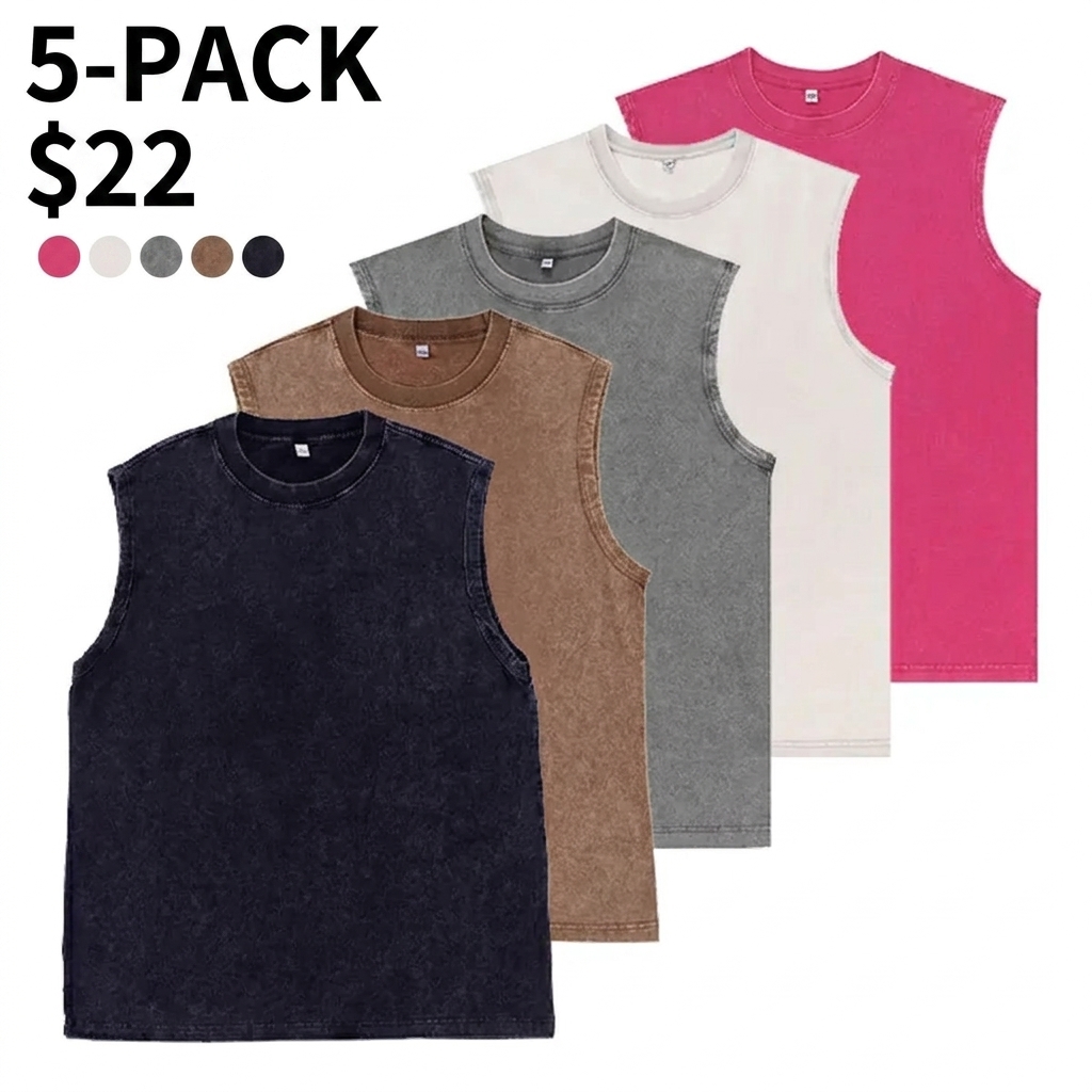 3-Pack Vintage Acid Wash Tank Tops, Heavyweight Cotton Unisex Sleeveless Shirts