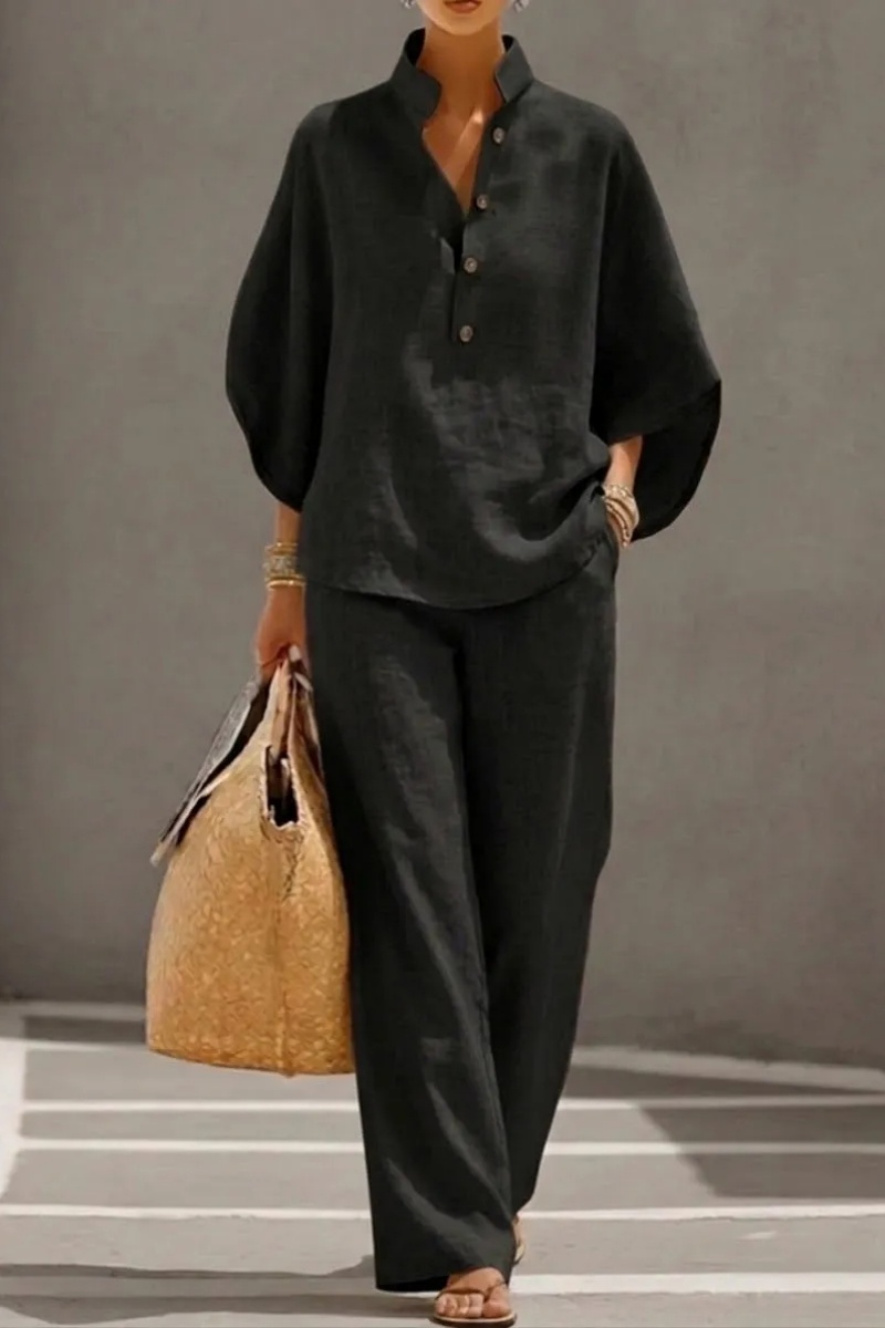 🔥 49% OFF🔥Women's Batwing Sleeve Linen Cotton Two-Piece Set – Casual Shirt & Wide Leg Pants Outfit
