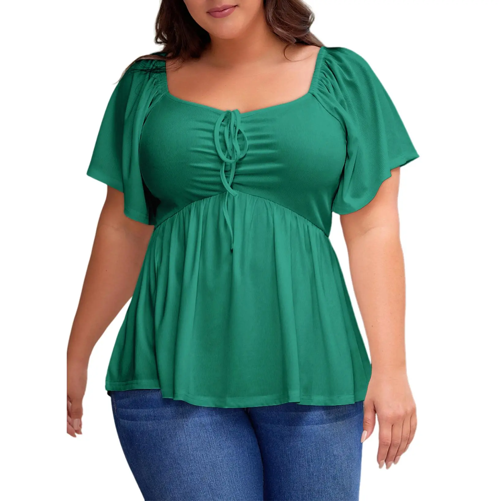 Women Sweetheart Neck Short Sleeve Shirred Peplum Rib Blouse Tops Shirts
