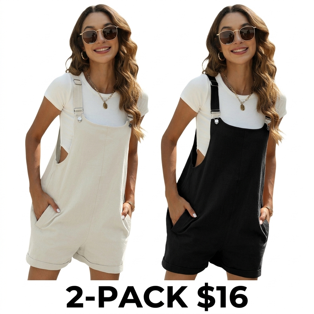 Women's Sleeveless Bib Shortalls – Cotton Linen Pinafore Overalls with Pockets & Adjustable Straps
