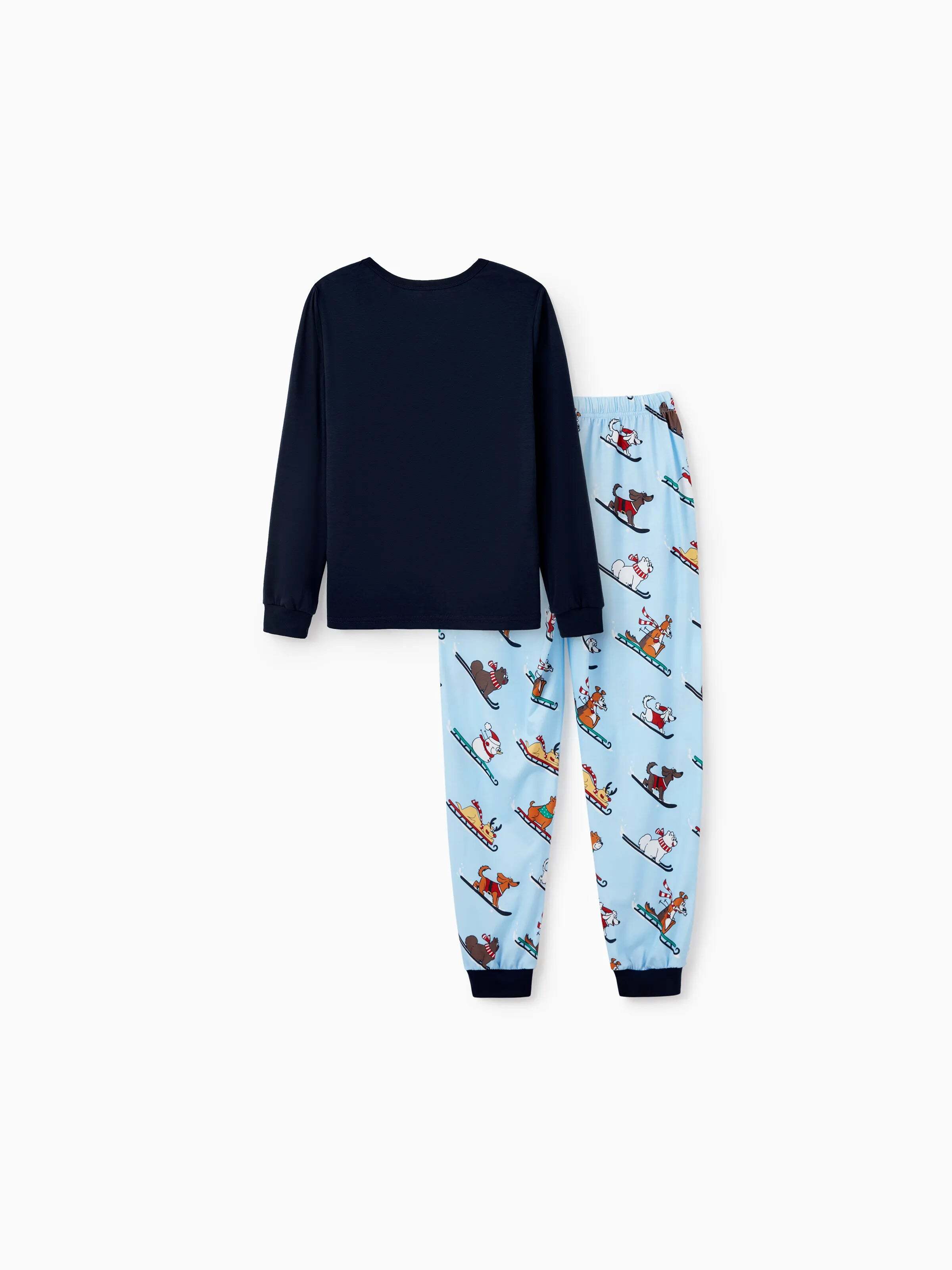 Christmas Matching Family Pajamas Set Sled Dogs Print PJS with Christmas Socks Blue