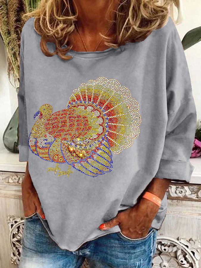 Women's Thanksgiving Gliter Funny Turkey Print T-Shirt