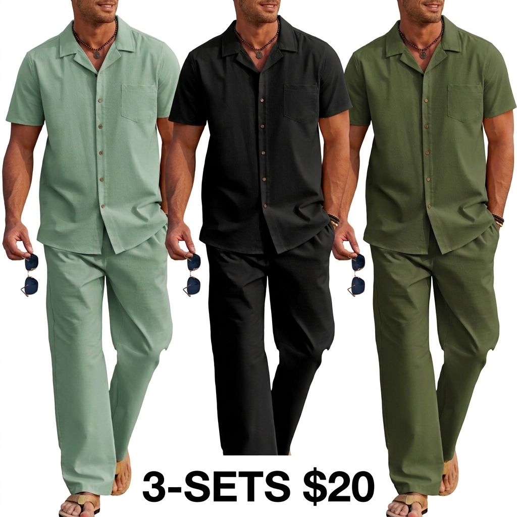 Men's 2-Pack Linen Beach Set – Camp Collar Button Down Shirt & Loose Drawstring Pants, Breathable Summer Outfit