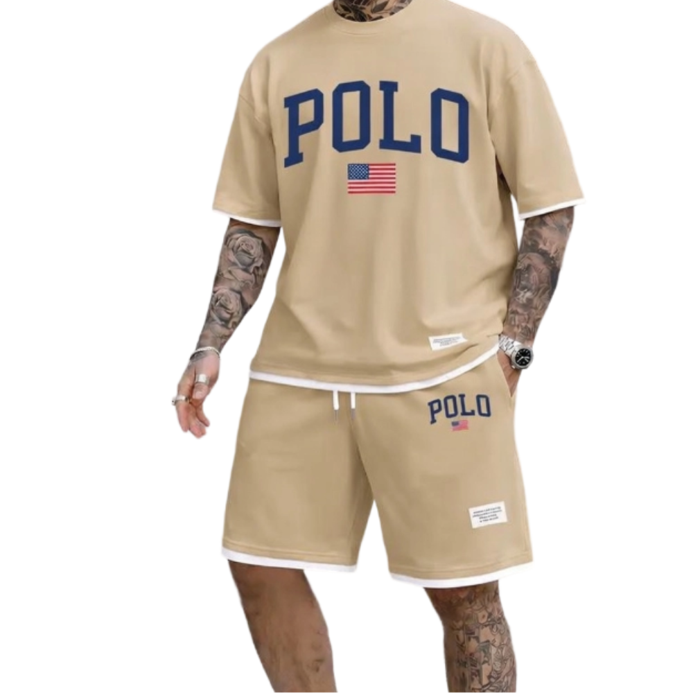 Men's Polo Print Drawstring Shorts Set