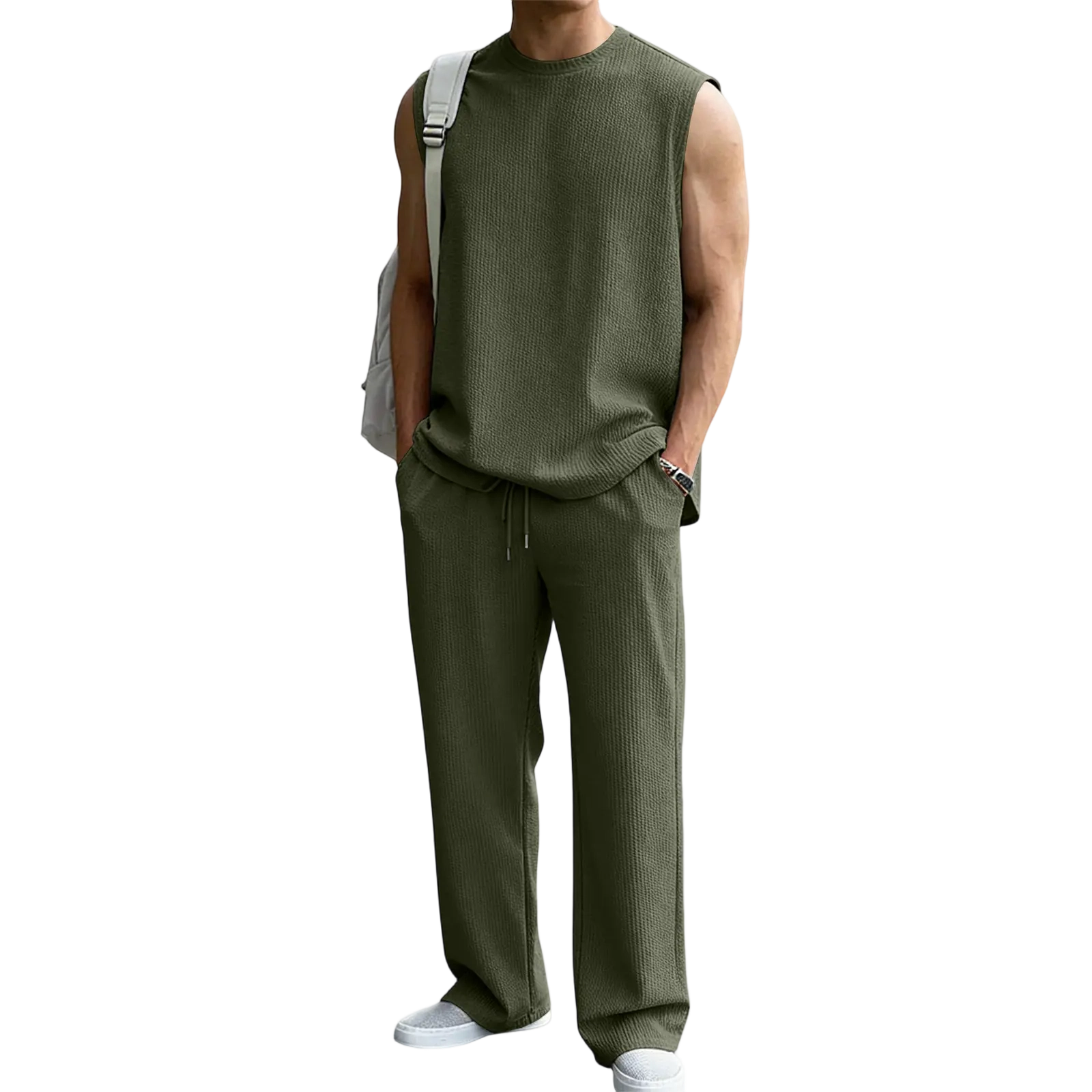Mens 2 Piece Rib Knit Sweatsuit Summer Sleeveless Tank