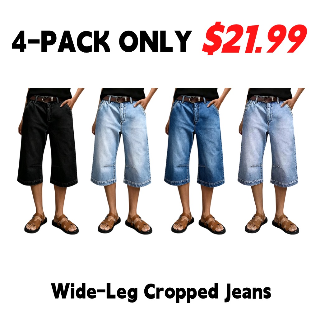 Washed Denim Cropped Jeans — High-Waisted, Wide-Leg with Detailed Stitching