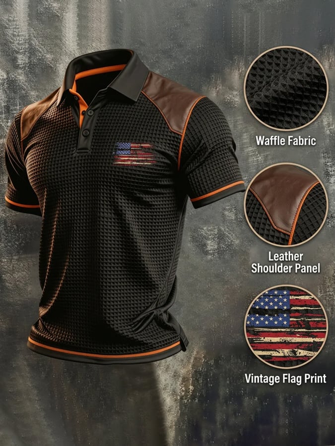 Men's Retro Knitted Polo Shirt with 3D Square Grid Pattern and Leather Paneling