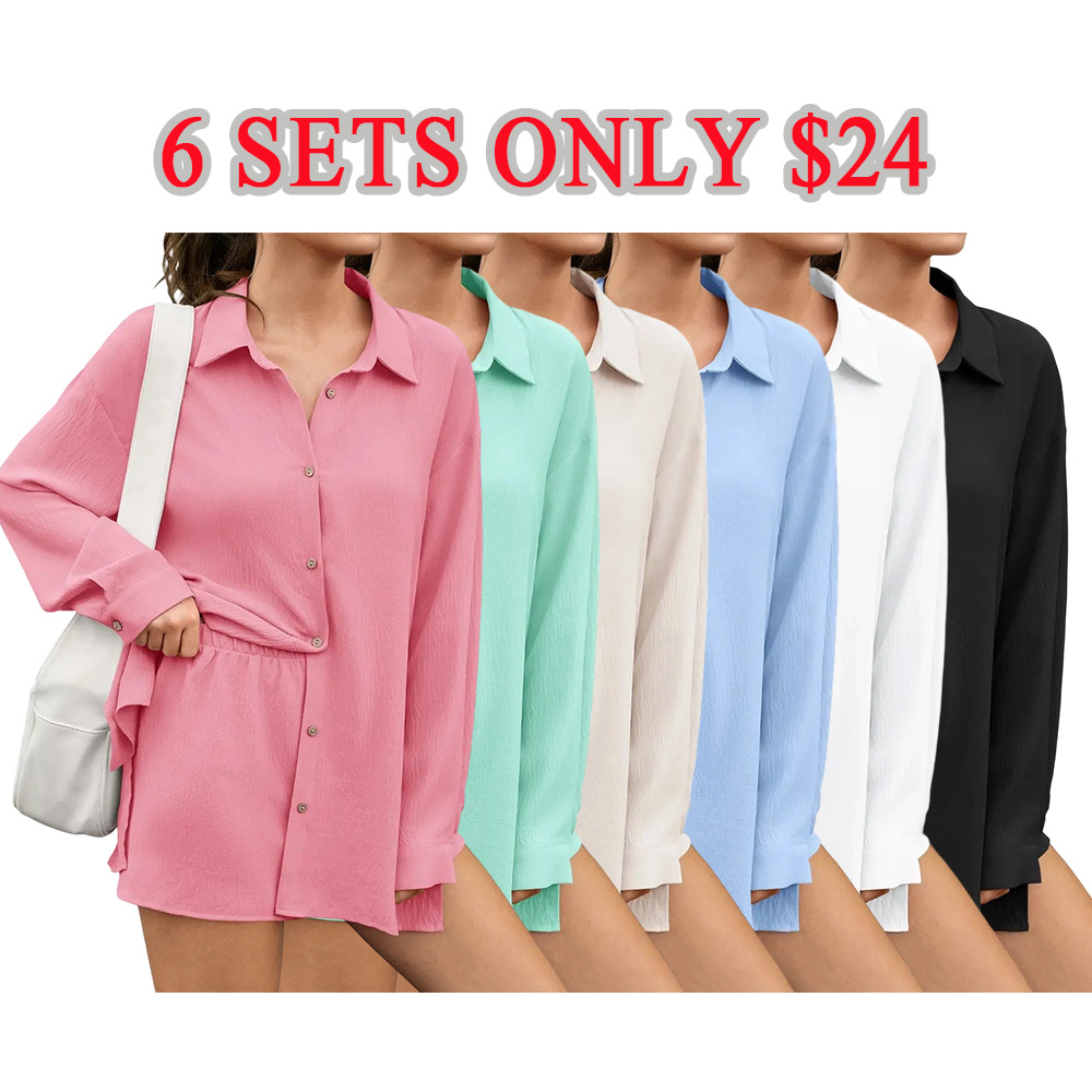 Womens Gauze Shirt & Shorts Set 2-in-1 Button Connected Oversized Long Sleeve Button-Down Top with Attachable Safety Shorts