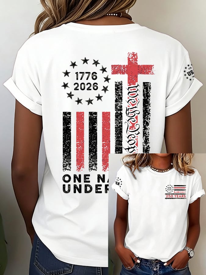 Women's Vintage USA 250th Anniversary One Nation Under God Print Casual T-shirt