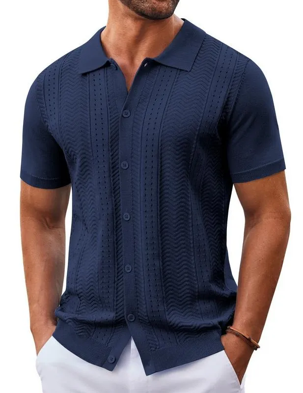 Mens Knit Button Down Shirt Short Sleeve Summer Casual Shirts Vintage Beach Vacation Shirts