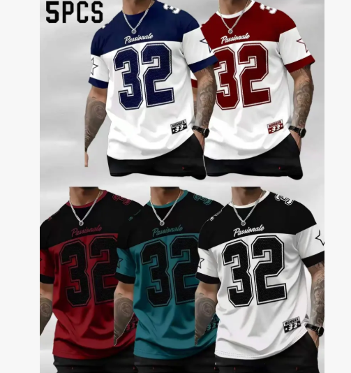 Set of 5, Striped Print Men'S Stylish Casual Streetwear Short-Sleeve T-Shirts