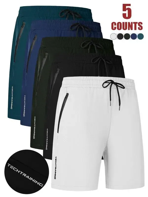 Men's Letter Print Drawstring Waist Shorts, Casual Comfy Breathable Pocket Shorts,