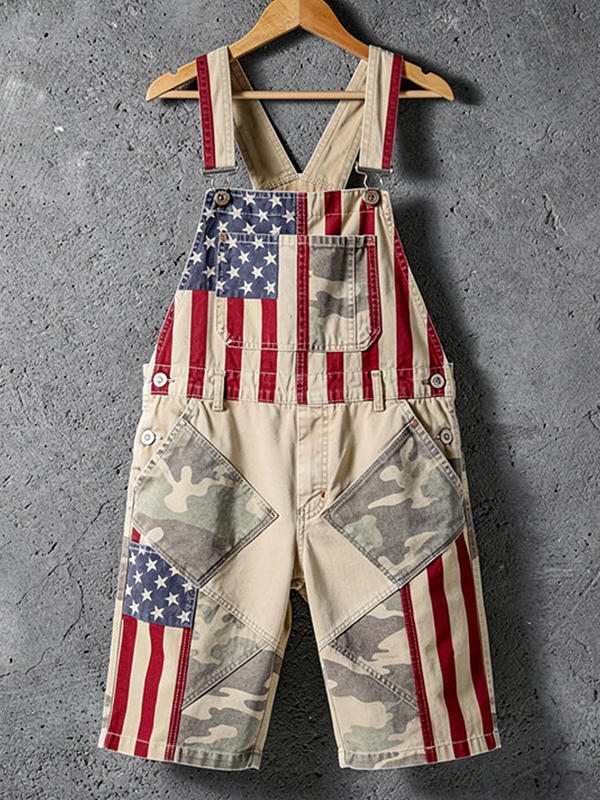 Men's Camouflage Patchwork American Flag Print Shorts Overalls
