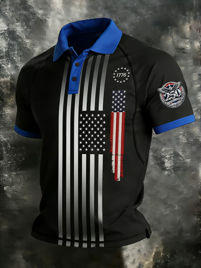 Men'S Retro American Founding Celebration Striped Flag Raglan Polo Shirt