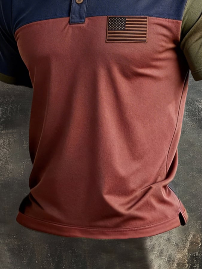 Men's Retro Patriot Color Block Polo Collar Short Sleeve