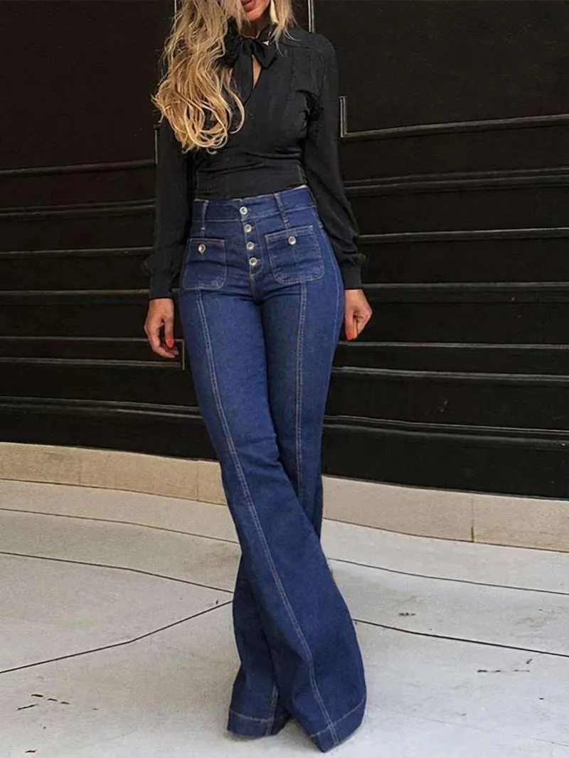 Women's Plain Button Pocket Flare Leg Jeans, Casual Bell Bottom Trousers for Daily Wear