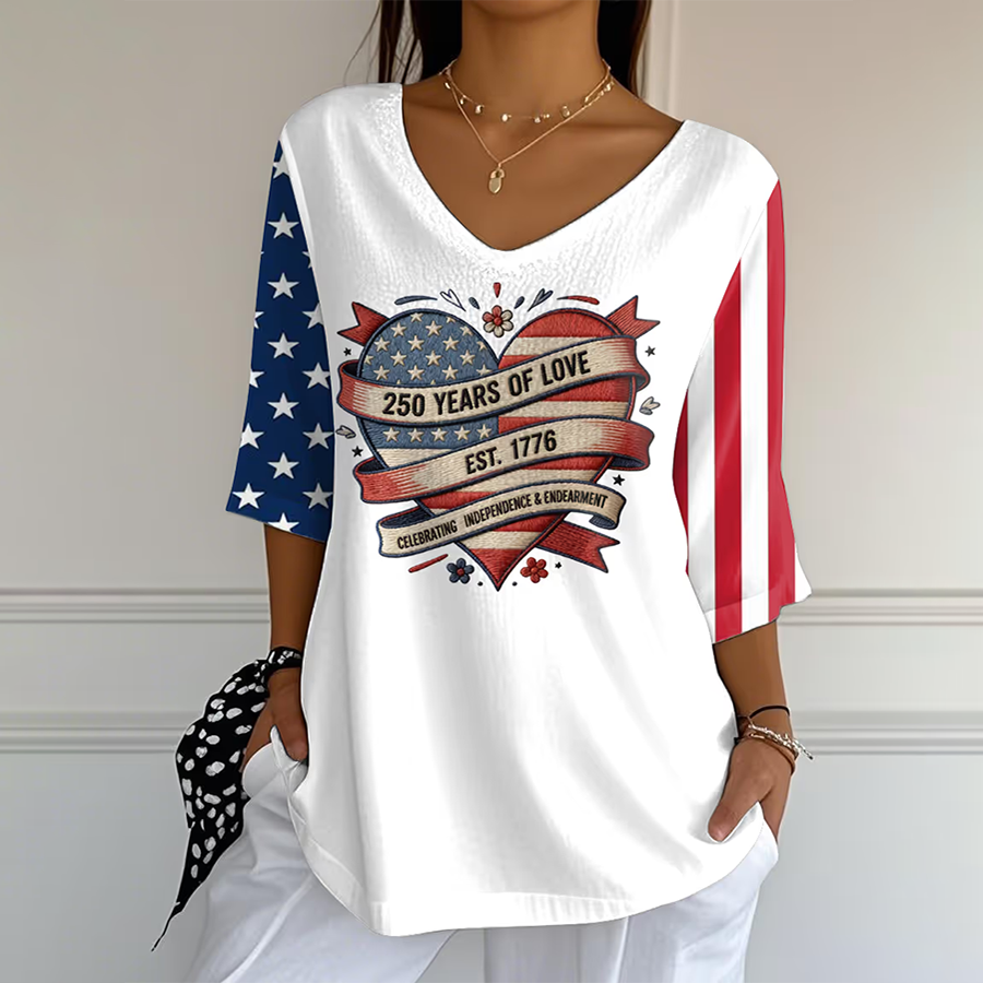 Women's Heart-Shaped Triangular Sleeve T-Shirt V-Neck Printed Casual T-Shirt