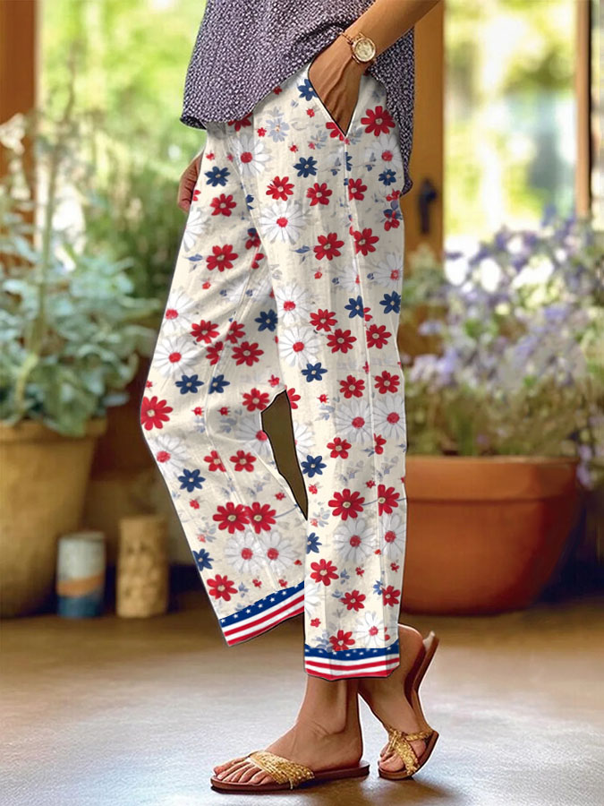 Women's 250th Anniversary Printed Casual Cotton Linen Trousers