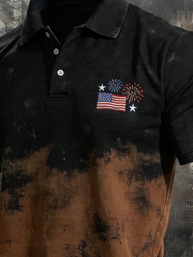 Men's Retro Patriotic Color-Block Short-Sleeve Polo Shirt