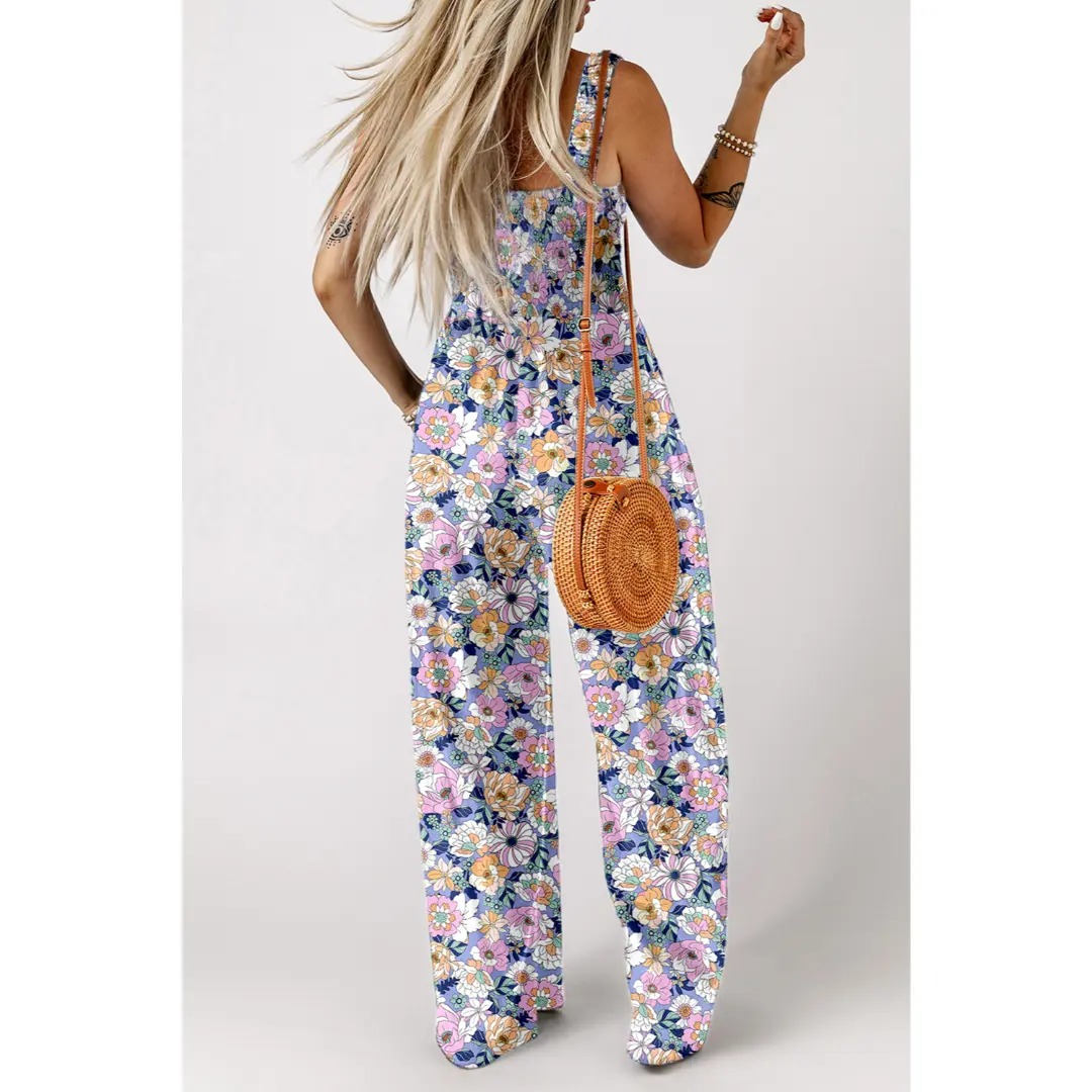 Women's Casual Loose Overalls Jumpsuits One Piece Sleeveless Printed Wide Leg Long Pant Rompers