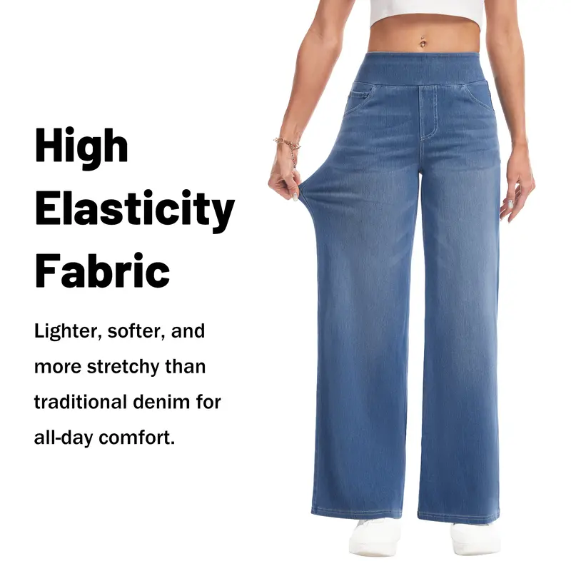 Women's Stretch Wide-Leg Jeans — Loose Fit, High-Waisted with Elastic Band