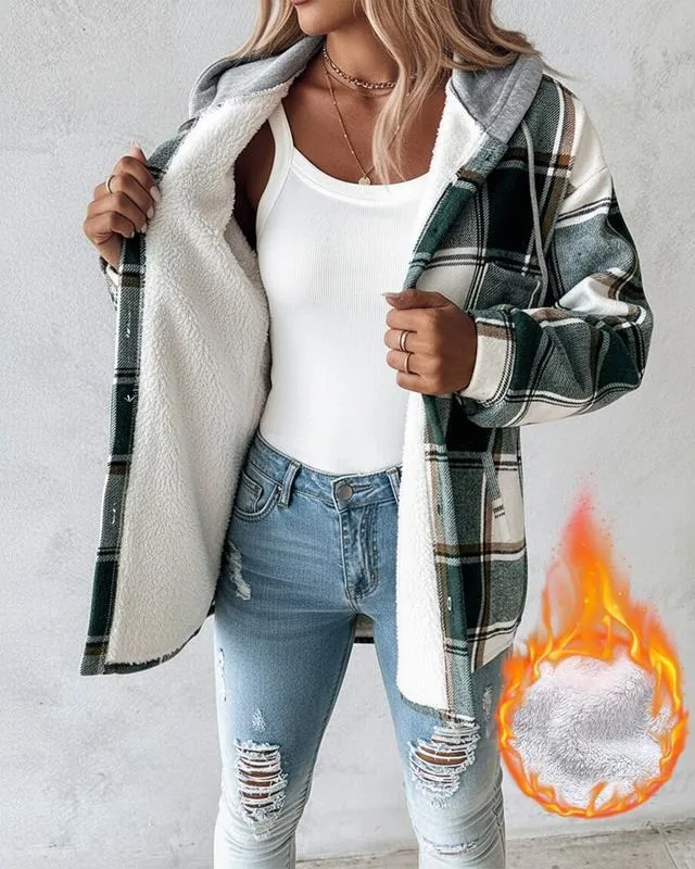 Women's Plaid Pattern Long Sleeve Shacket Button Down Fleece Lined Hooded Jackets Warm Coat